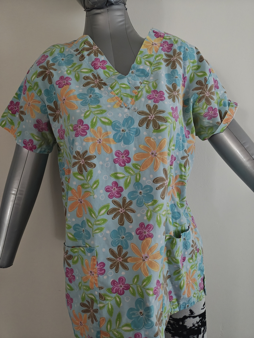 Floral V-Neck Scrub Top in Light Blue